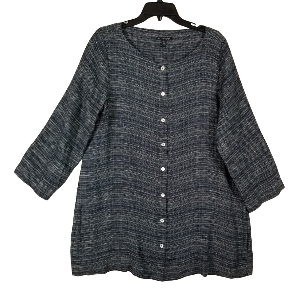 Eileen Fisher Organic Linen Striped Button Front Tunic Top Grey Blue Womens M